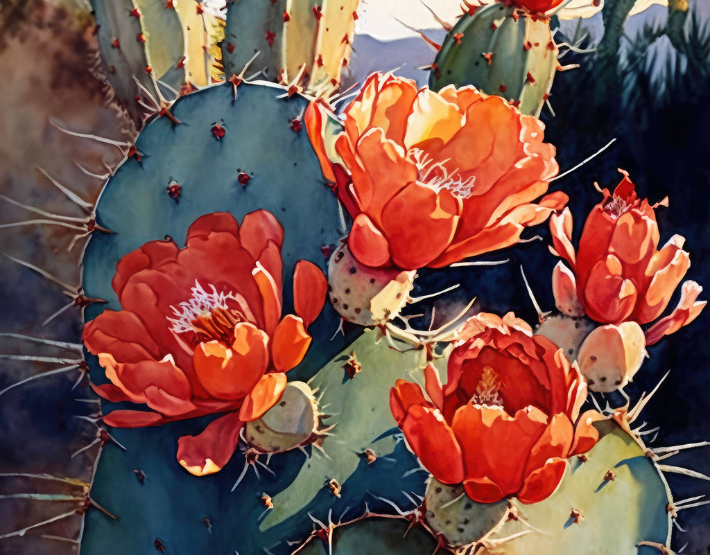 Flower Prickly Pear Cactus Sunset Art Print Watercolor Botanical Desert Wall Art Nature Inspired Sonoran Art Southwest Western Decor