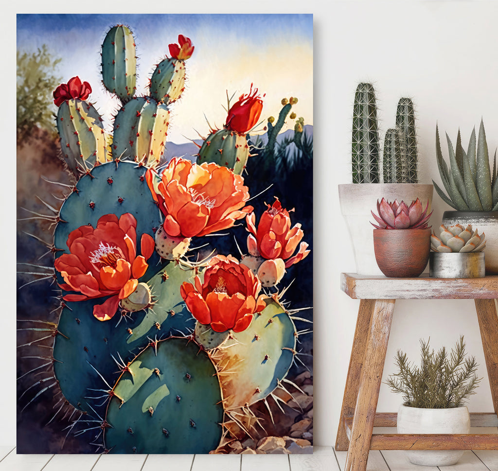 Flower Prickly Pear Cactus Sunset Art Print Watercolor Botanical Desert Wall Art Nature Inspired Sonoran Art Southwest Western Decor