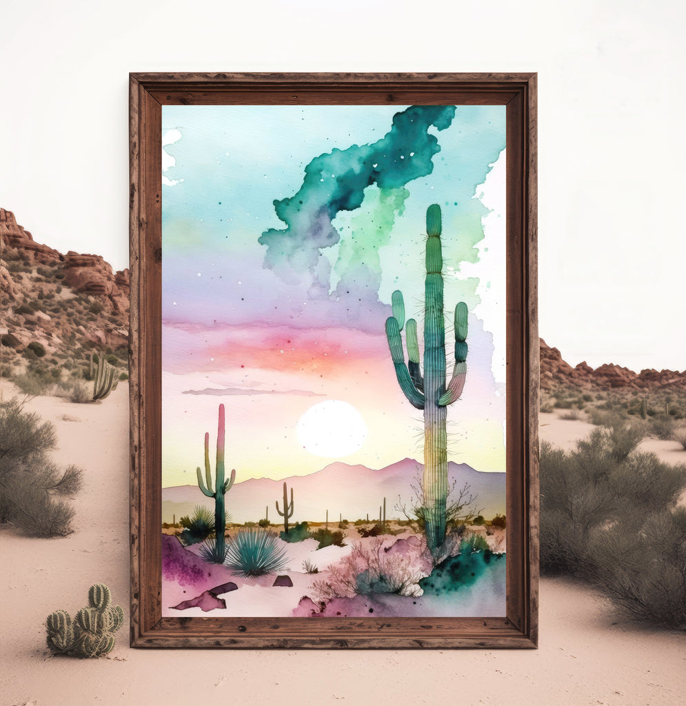 Desert Saguaro Cactus Sunset Wall Art Print Southwest Sonoran Watercolor Western Landscape Gift Nature Inspired Southwestern Decor