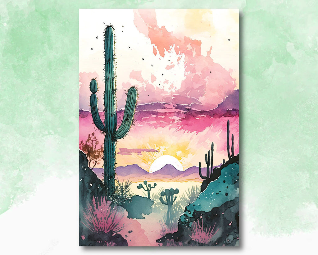 Desert Saguaro Cactus Sunset Wall Art Print Southwest Sonoran Watercolor Western Landscape Gift Nature Inspired Southwestern Decor