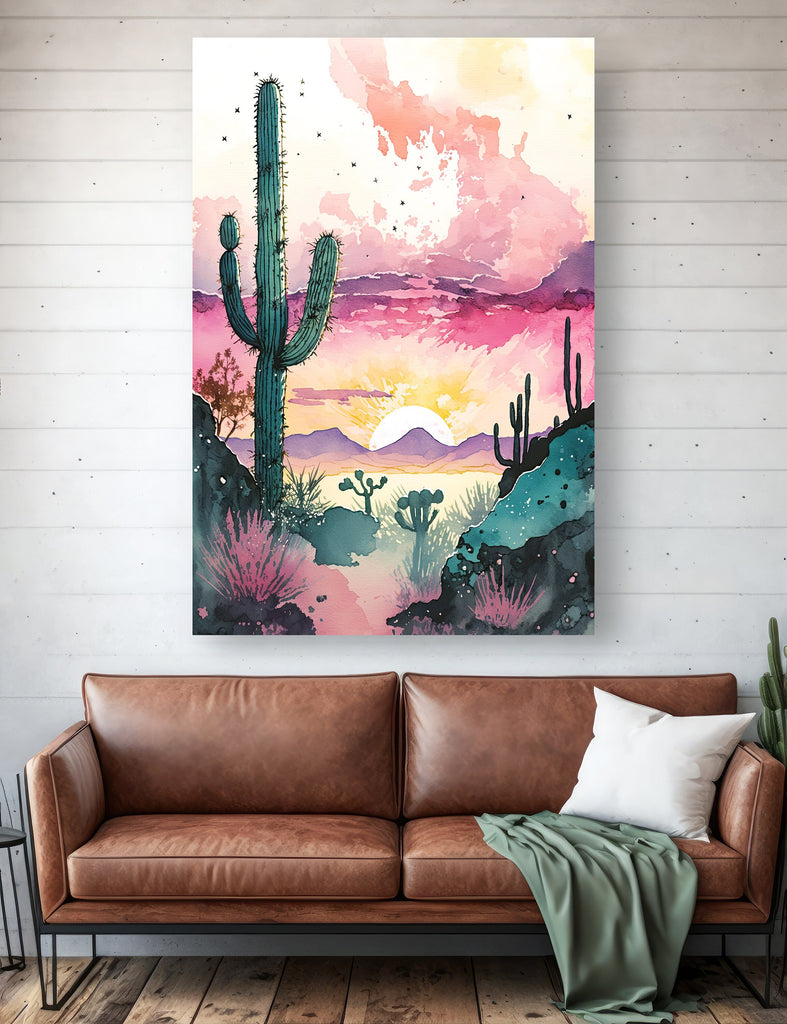 Desert Saguaro Cactus Sunset Wall Art Print Southwest Sonoran Watercolor Western Landscape Gift Nature Inspired Southwestern Decor