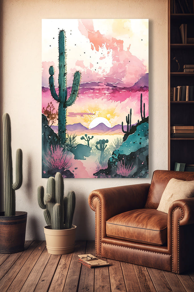 Desert Saguaro Cactus Sunset Wall Art Print Southwest Sonoran Watercolor Western Landscape Gift Nature Inspired Southwestern Decor