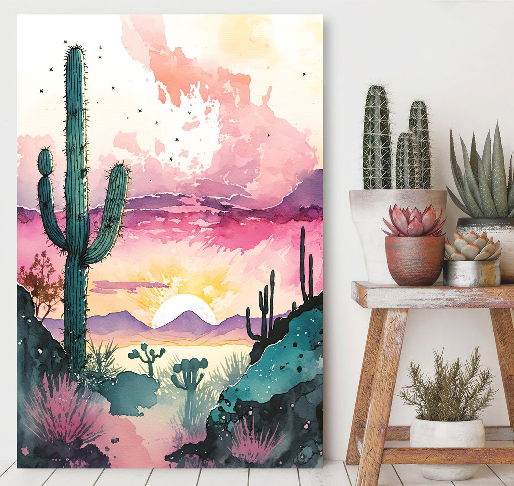 Desert Saguaro Cactus Sunset Wall Art Print Southwest Sonoran Watercolor Western Landscape Gift Nature Inspired Southwestern Decor