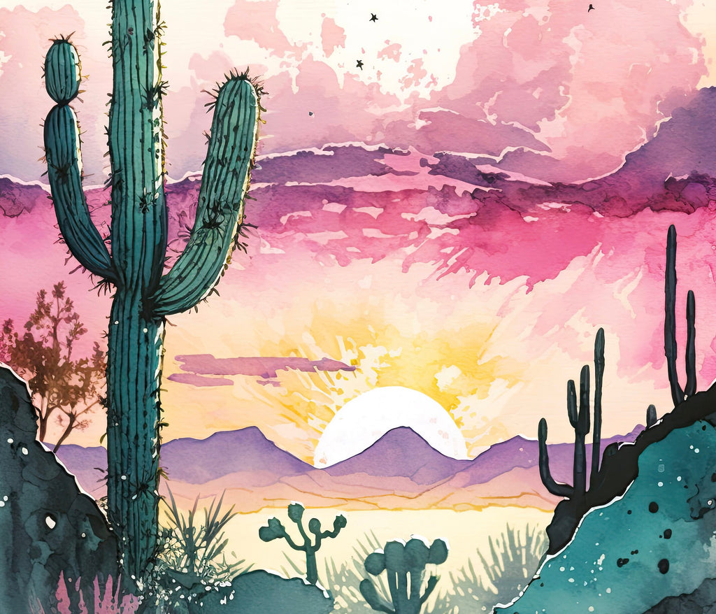 Desert Saguaro Cactus Sunset Wall Art Print Southwest Sonoran Watercolor Western Landscape Gift Nature Inspired Southwestern Decor