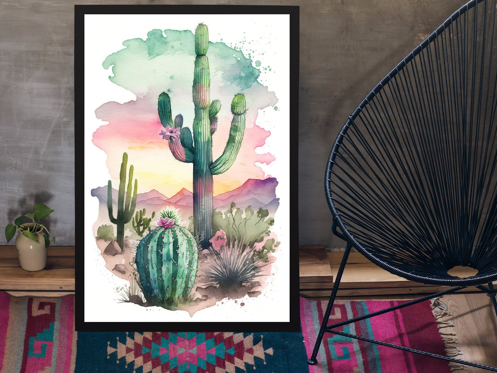 Desert Saguaro Cactus Sunset Wall Art Print Southwest Sonoran Watercolor Western Landscape Gift Nature Inspired Southwestern Decor