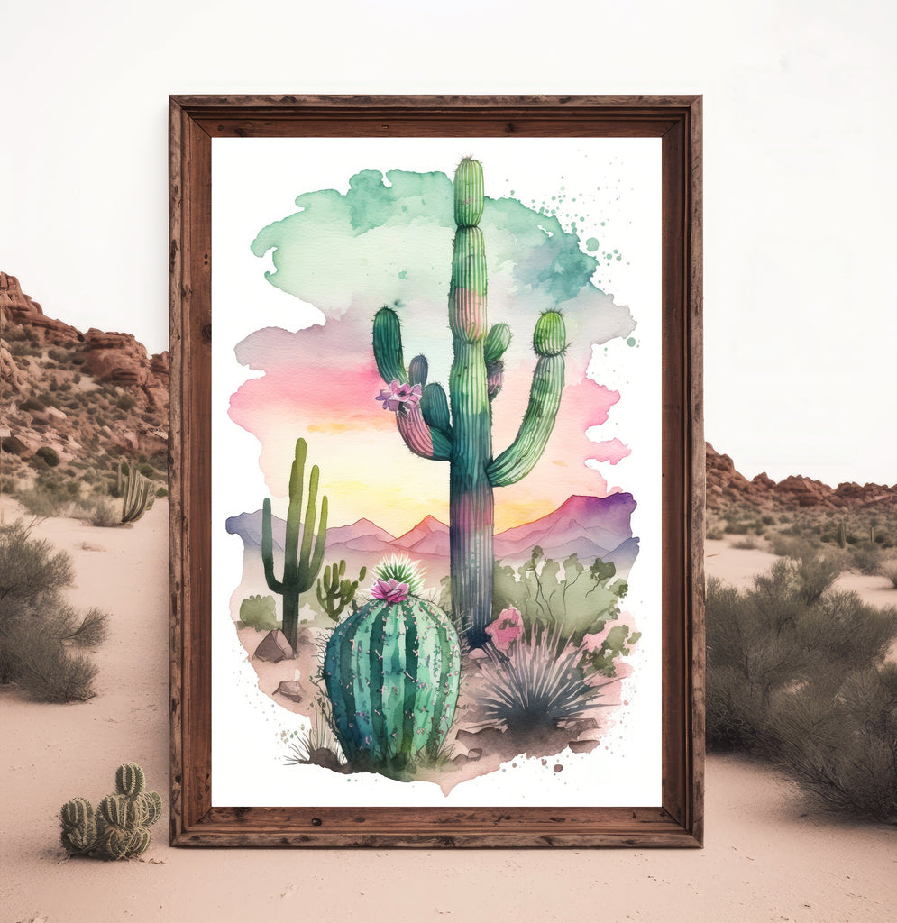 Desert Saguaro Cactus Sunset Wall Art Print Southwest Sonoran Watercolor Western Landscape Gift Nature Inspired Southwestern Decor