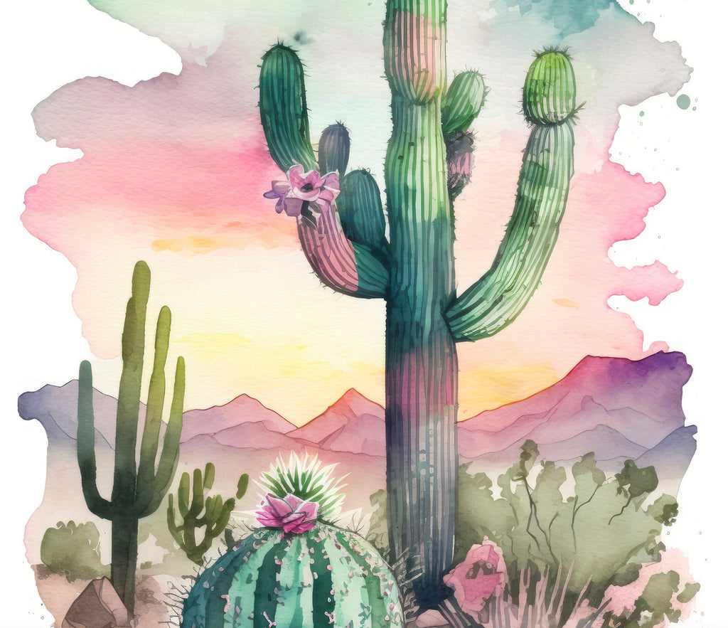 Desert Saguaro Cactus Sunset Wall Art Print Southwest Sonoran Watercolor Western Landscape Gift Nature Inspired Southwestern Decor