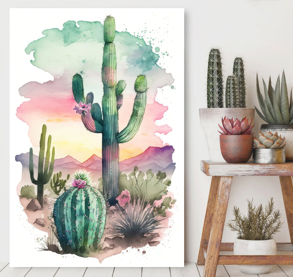 Desert Saguaro Cactus Sunset Wall Art Print Southwest Sonoran Watercolor Western Landscape Gift Nature Inspired Southwestern Decor