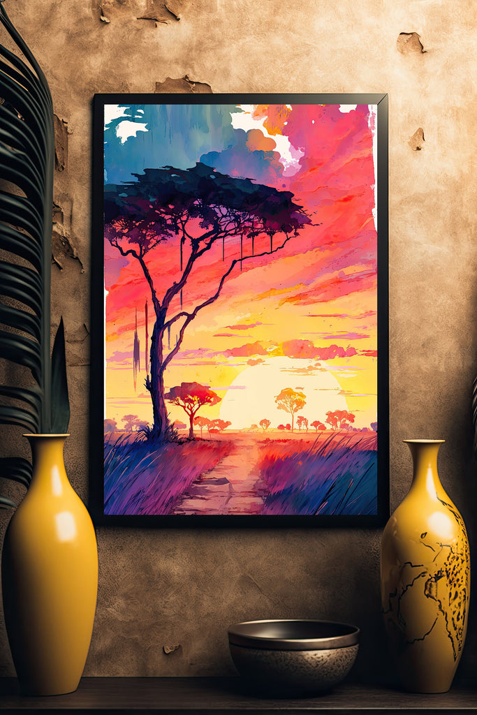 African Serengeti Sunset Wall Art Safari Print Africa Savanna Watercolor Landscape Painting Travel Gift Nature Inspired Decor