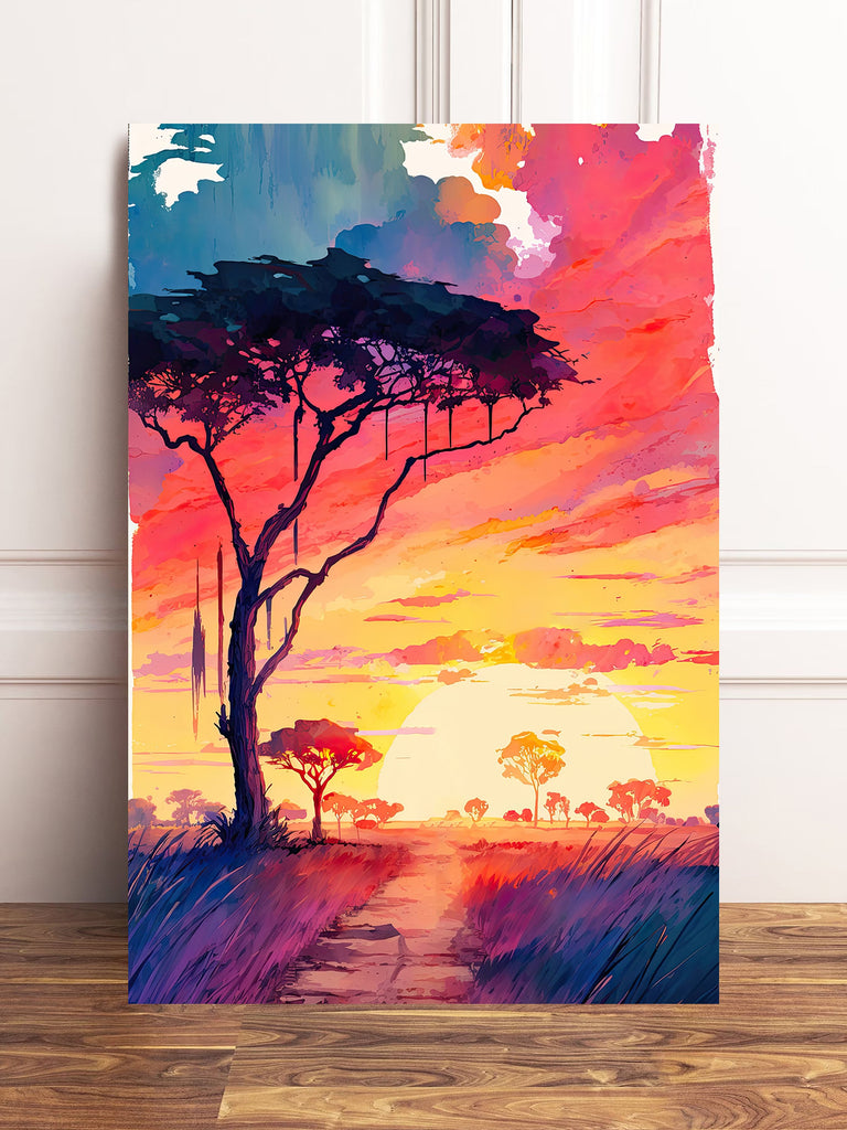 African Serengeti Sunset Wall Art Safari Print Africa Savanna Watercolor Landscape Painting Travel Gift Nature Inspired Decor