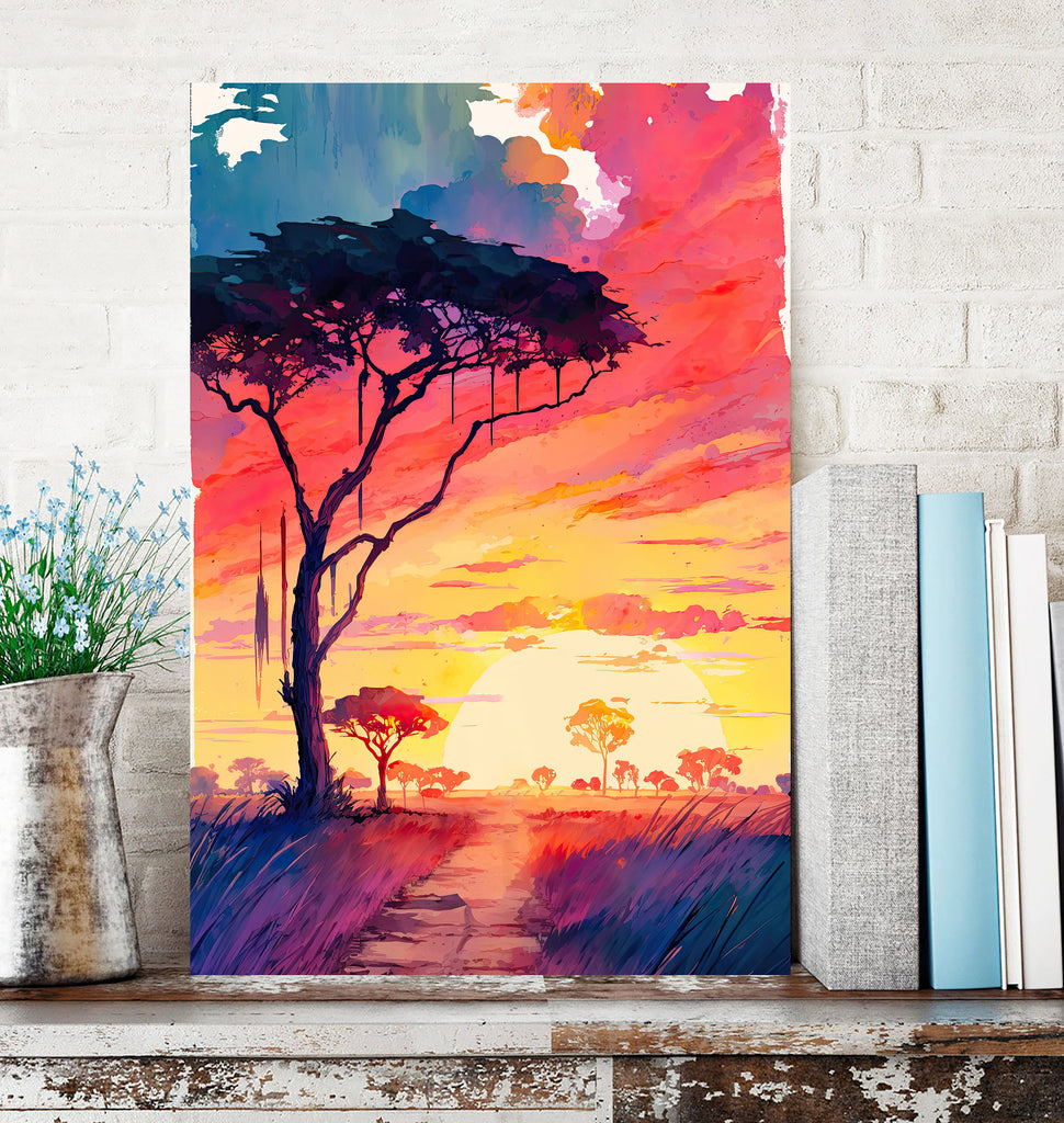 African Serengeti Sunset Wall Art Safari Print Africa Savanna Watercolor Landscape Painting Travel Gift Nature Inspired Decor