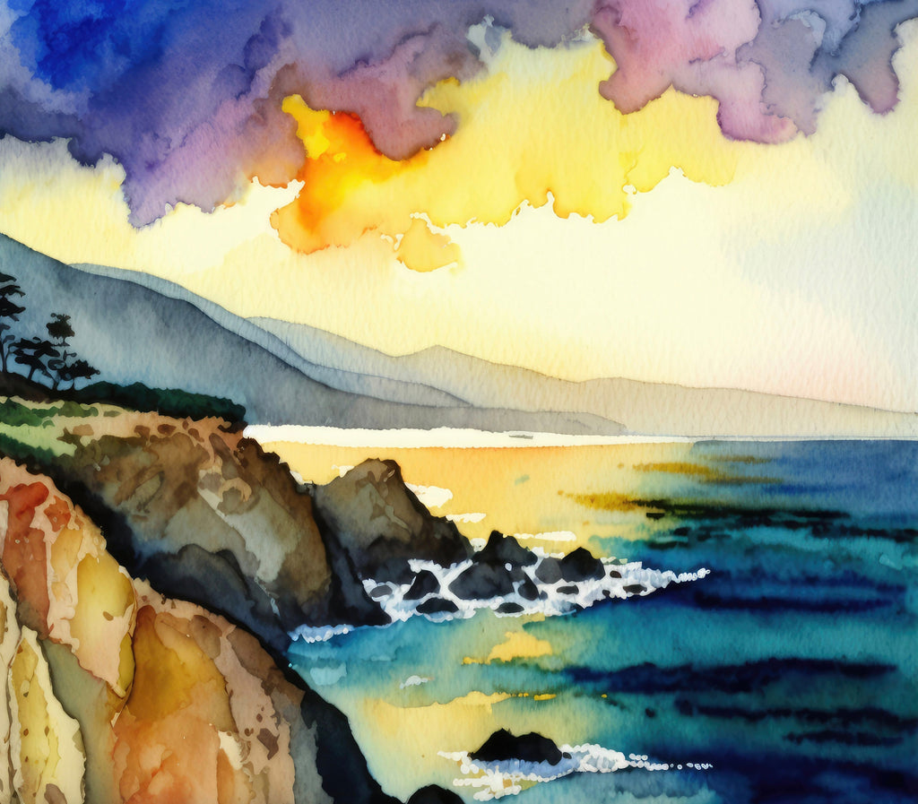 California Big Sur Beach Sunset Art Print Watercolor Ocean Wall Art Coastal Landscape Painting Gift Beach House Decor