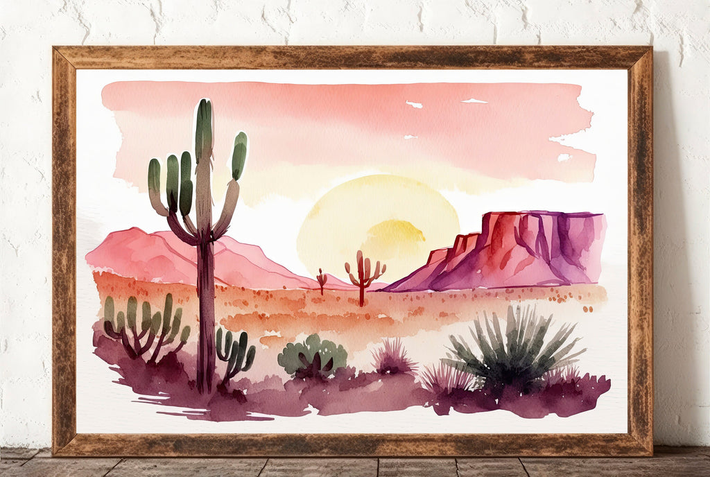 Minimalist Sonoran Desert Sunset Cactus Wall Art Southwest Nature Inspired Watercolor Print Western Decor Southwestern Landscape Painting