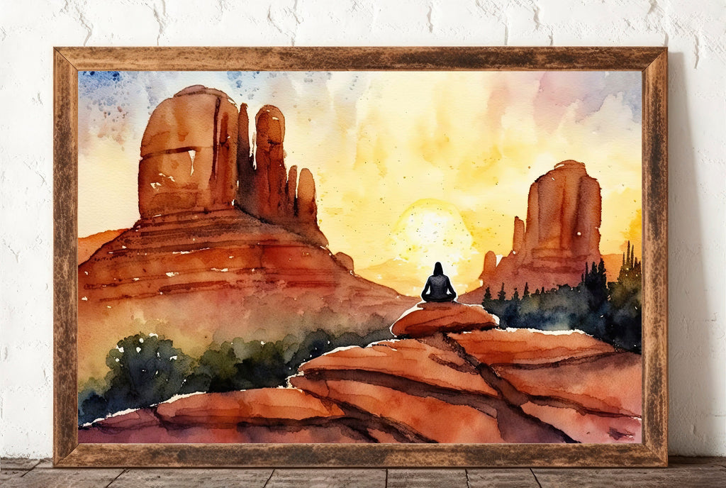 Watercolor Sedona Arizona Sunset Meditation Art Print Southwest Wall Art Landscape Gift Desert Home Western Decor