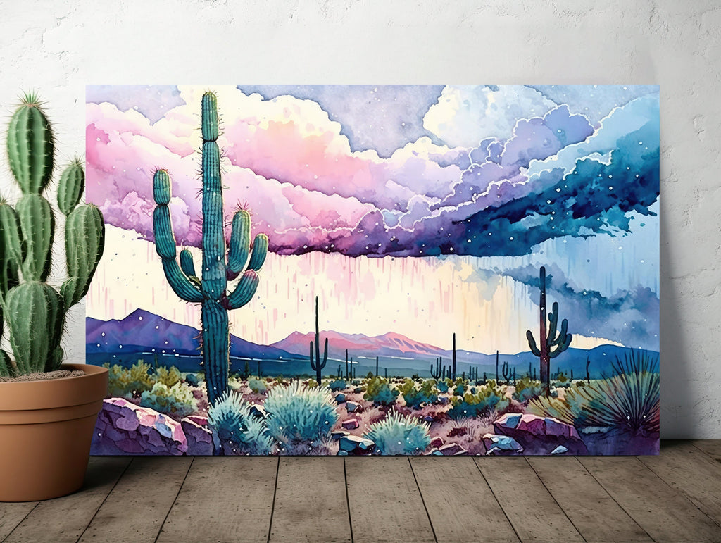 Sonoran Desert Rainy Sunset Cactus Wall Art Print Southwest Nature Inspired Watercolor Western Decor Southwestern Landscape Painting