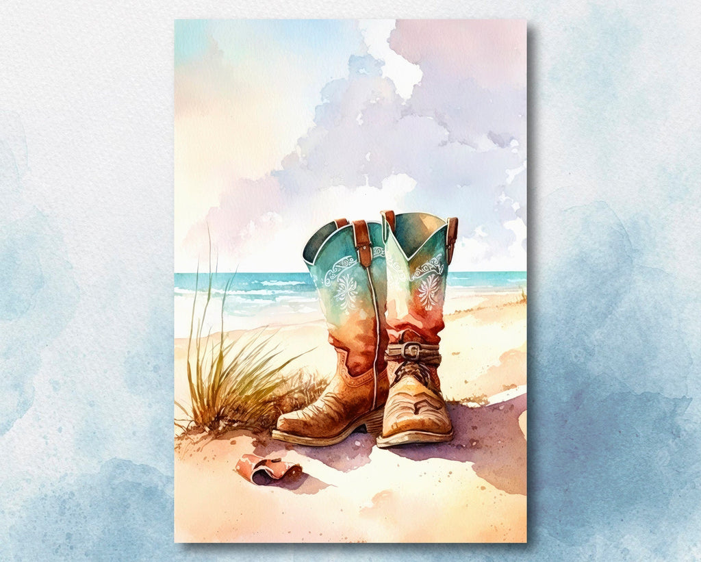 Coastal Cowgirl Boots Beach Art Print Boho Wall Decor Watercolor Painting Wall Art Gift Western Decor