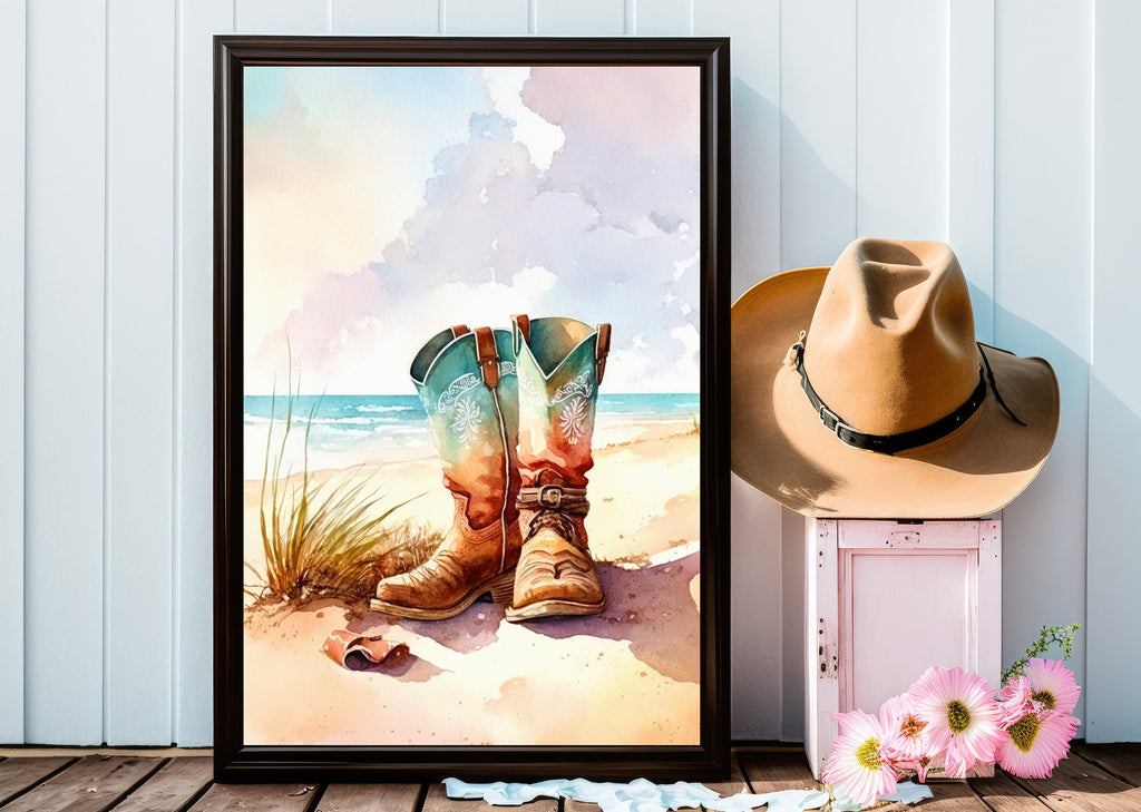 Coastal Cowgirl Boots Beach Art Print Boho Wall Decor Watercolor Painting Wall Art Gift Western Decor