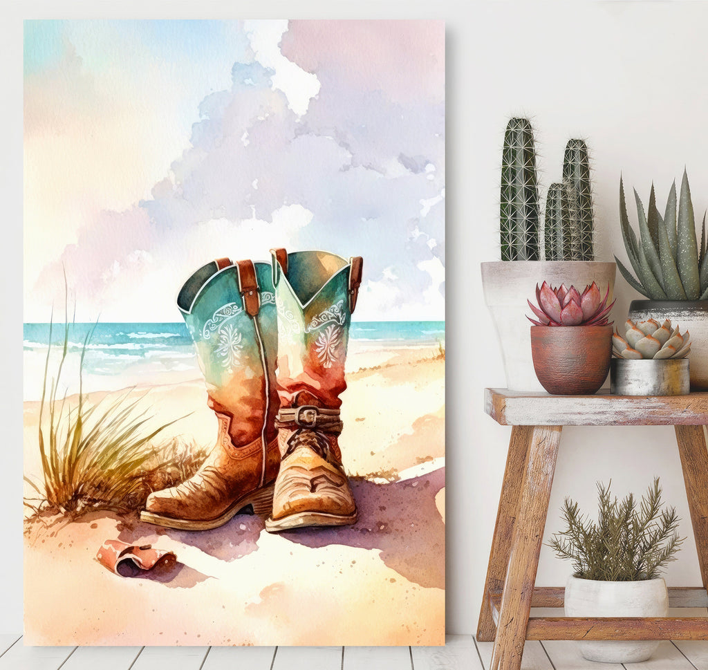 Coastal Cowgirl Boots Beach Art Print Boho Wall Decor Watercolor Painting Wall Art Gift Western Decor