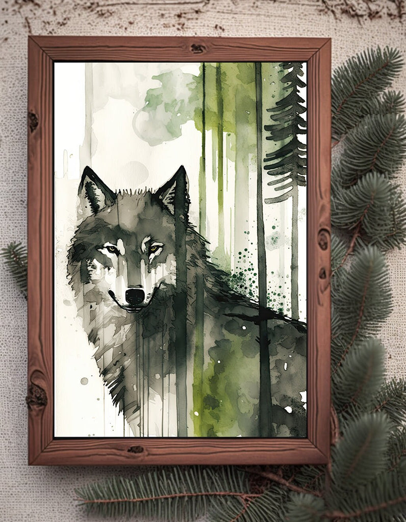 Wolf Watercolor Print Forest Wall Art Nature Wildlife Gift Wild Woodland Animals Painting Home Decor