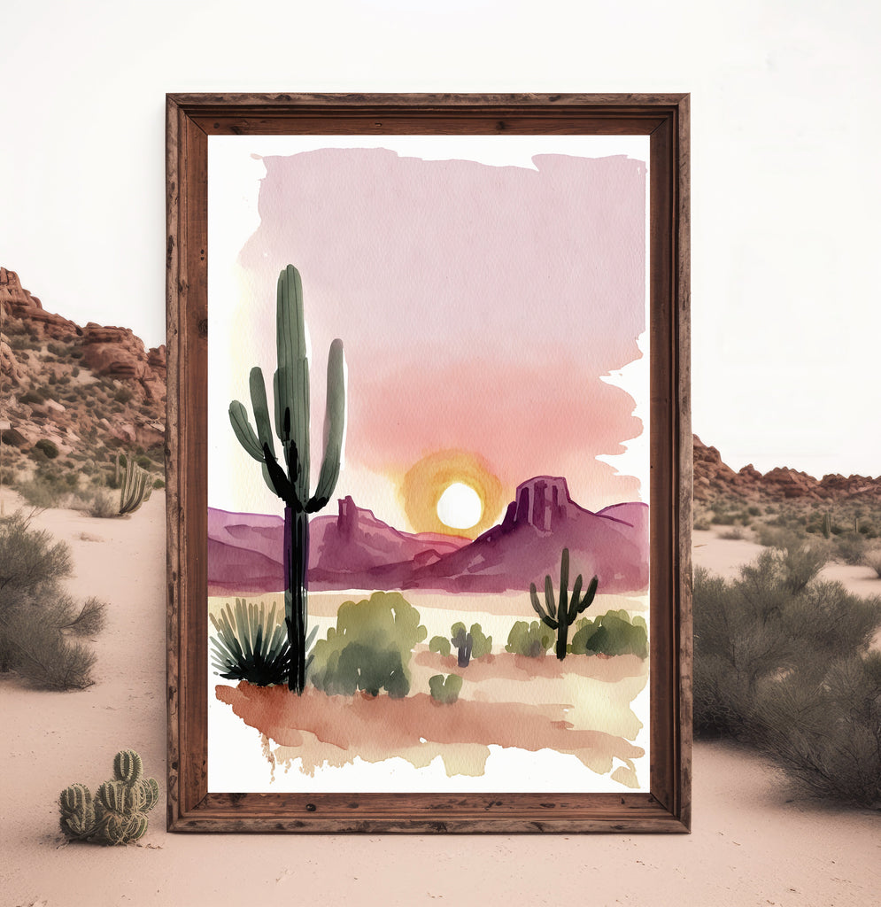 Minimalist Sonoran Desert Sunset Cactus Wall Art Southwest Nature Inspired Watercolor Print Western Decor Southwestern Landscape Painting