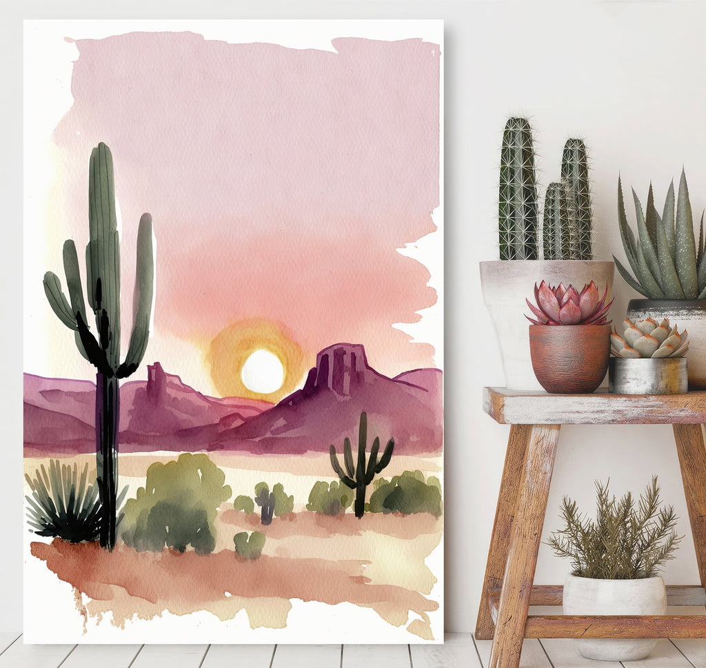 Minimalist Sonoran Desert Sunset Cactus Wall Art Southwest Nature Inspired Watercolor Print Western Decor Southwestern Landscape Painting