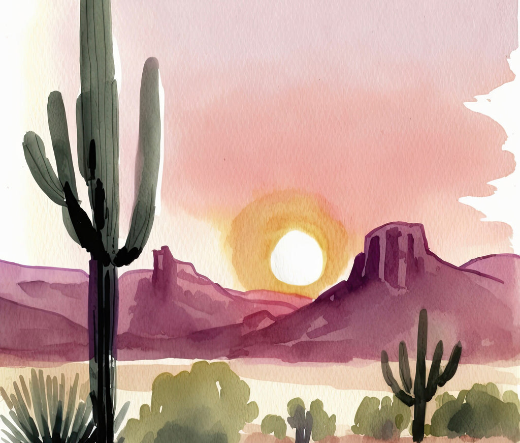 Minimalist Sonoran Desert Sunset Cactus Wall Art Southwest Nature Inspired Watercolor Print Western Decor Southwestern Landscape Painting