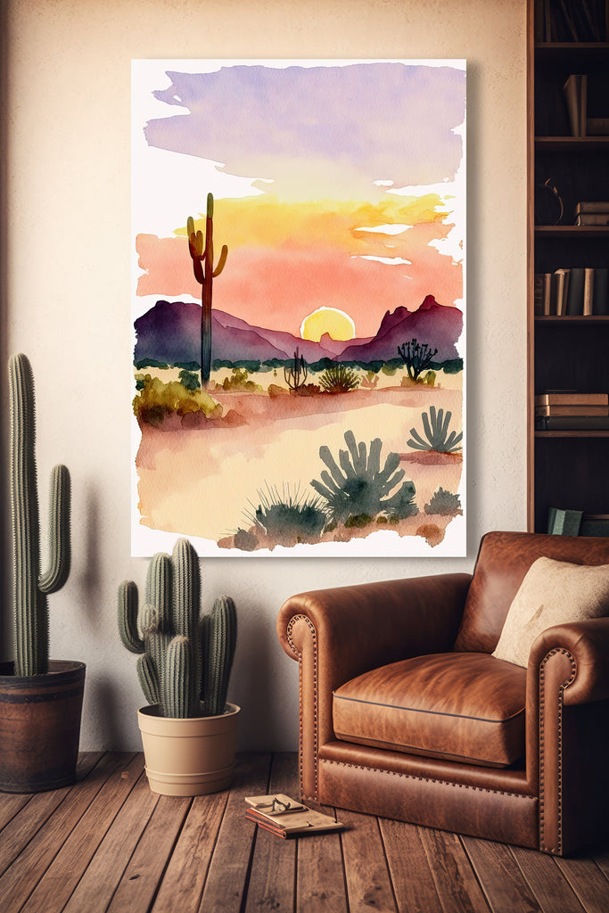 Minimalist Sonoran Desert Sunset Cactus Wall Art Southwest Nature Inspired Watercolor Print Western Decor Southwestern Landscape Painting