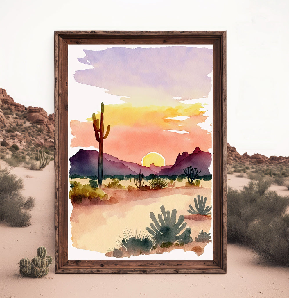 Minimalist Sonoran Desert Sunset Cactus Wall Art Southwest Nature Inspired Watercolor Print Western Decor Southwestern Landscape Painting