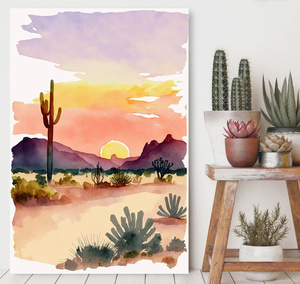 Minimalist Sonoran Desert Sunset Cactus Wall Art Southwest Nature Inspired Watercolor Print Western Decor Southwestern Landscape Painting