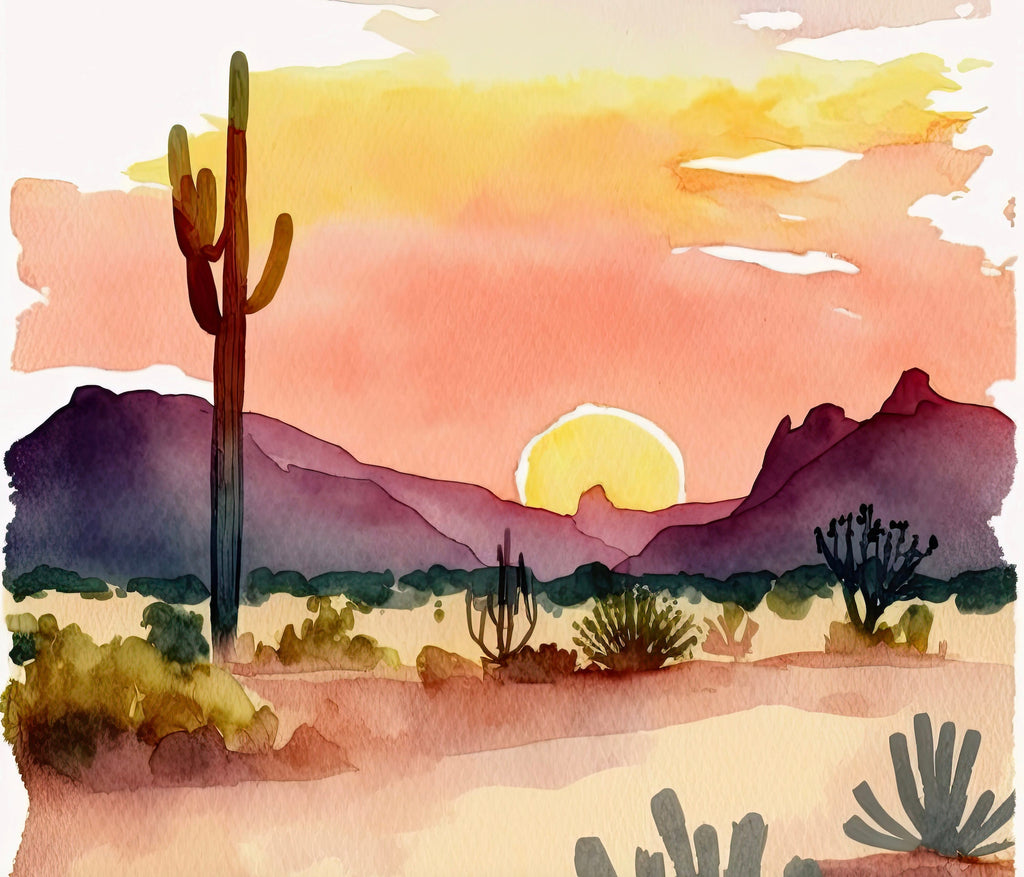 Minimalist Sonoran Desert Sunset Cactus Wall Art Southwest Nature Inspired Watercolor Print Western Decor Southwestern Landscape Painting