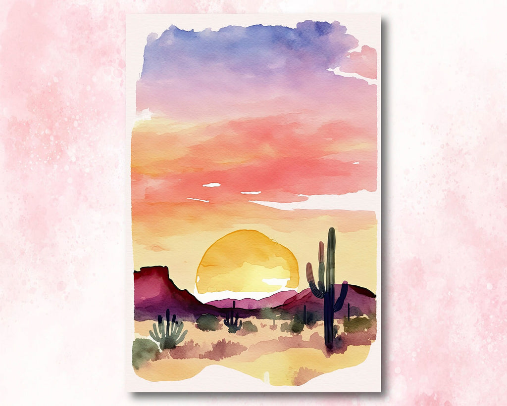 Minimalist Sonoran Desert Sunset Cactus Wall Art Southwest Nature Inspired Watercolor Print Western Decor Southwestern Landscape Painting