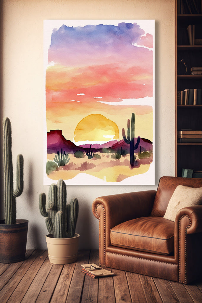 Minimalist Sonoran Desert Sunset Cactus Wall Art Southwest Nature Inspired Watercolor Print Western Decor Southwestern Landscape Painting