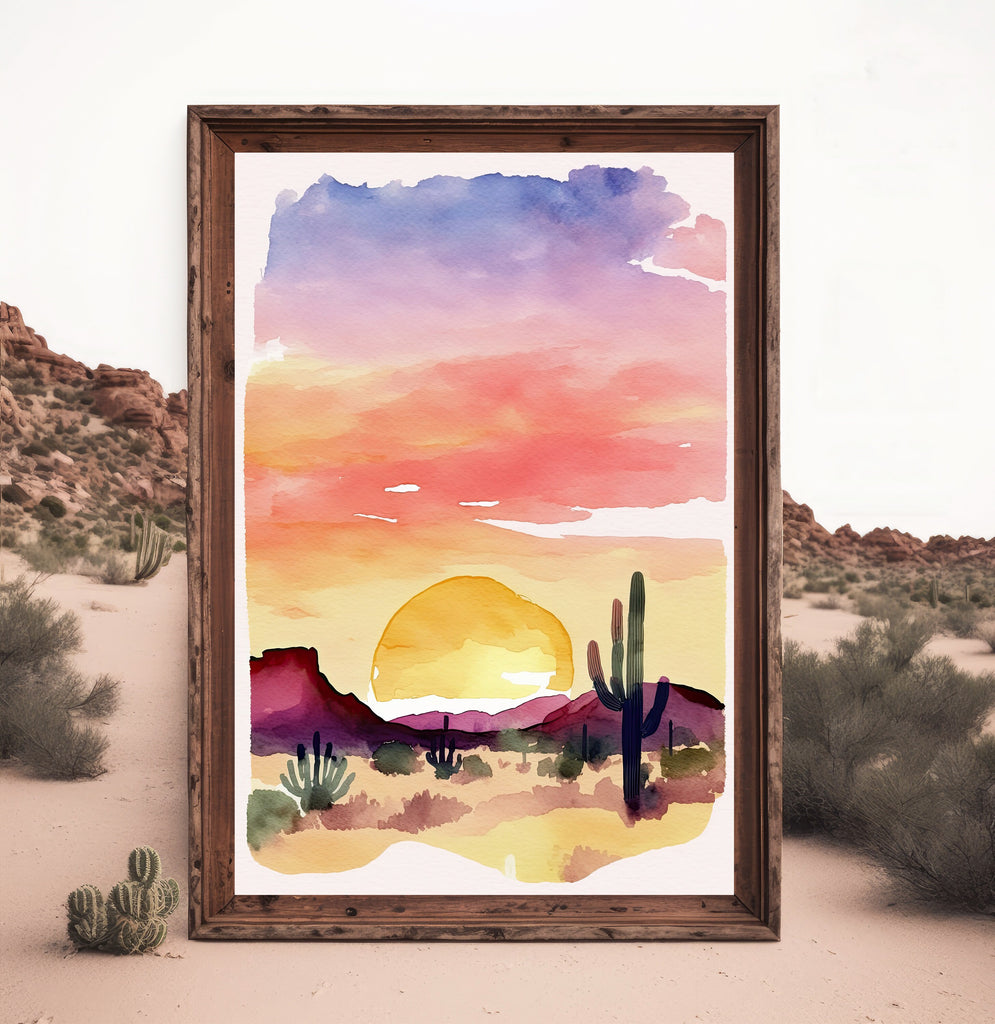 Minimalist Sonoran Desert Sunset Cactus Wall Art Southwest Nature Inspired Watercolor Print Western Decor Southwestern Landscape Painting