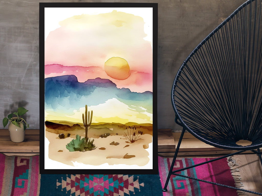 Minimalist Sonoran Desert Sunset Cactus Wall Art Southwest Nature Inspired Watercolor Print Western Decor Southwestern Landscape Painting