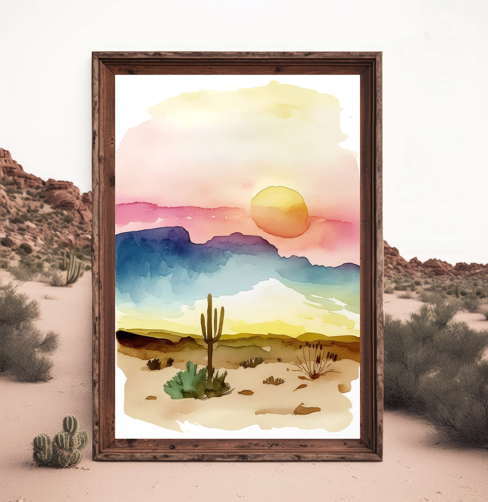 Minimalist Sonoran Desert Sunset Cactus Wall Art Southwest Nature Inspired Watercolor Print Western Decor Southwestern Landscape Painting