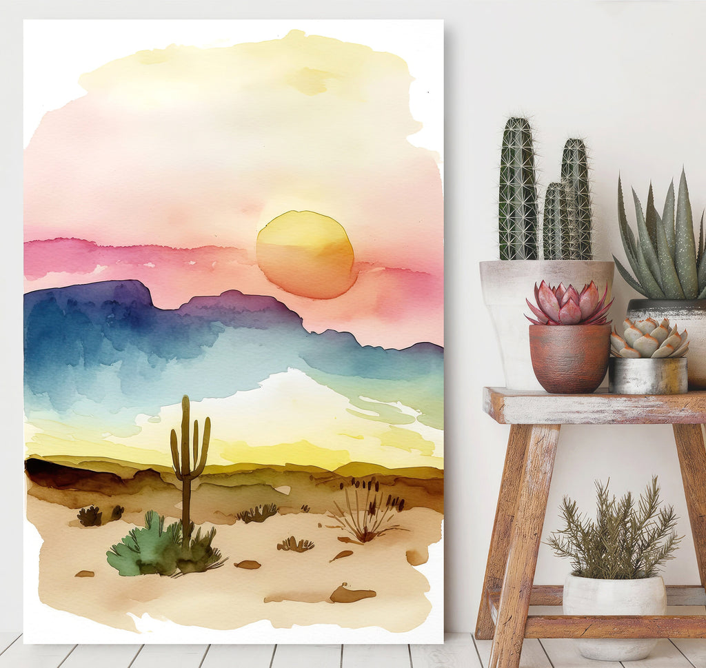 Minimalist Sonoran Desert Sunset Cactus Wall Art Southwest Nature Inspired Watercolor Print Western Decor Southwestern Landscape Painting