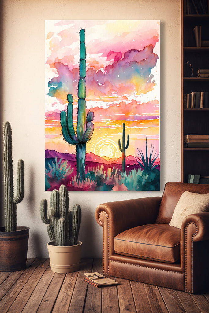 Sonoran Desert Sunset Cactus Wall Art Print Southwest Nature Inspired Watercolor Western Decor Southwestern Landscape Painting