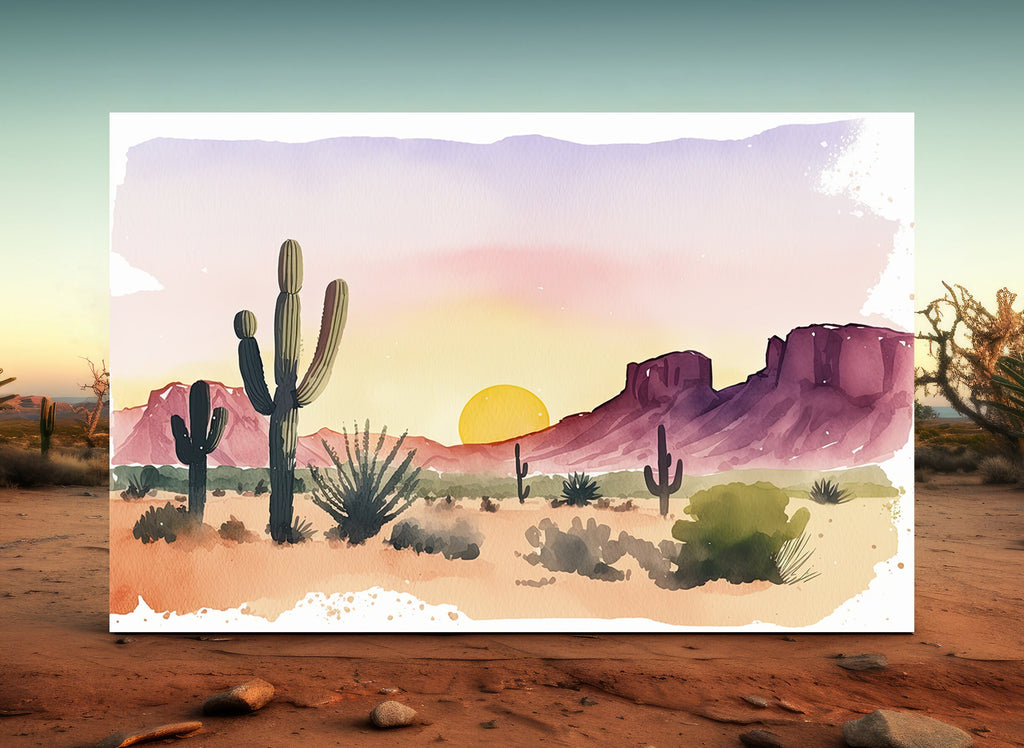 Minimalist Sonoran Desert Sunset Cactus Wall Art Southwest Nature Inspired Watercolor Print Western Decor Southwestern Landscape Painting