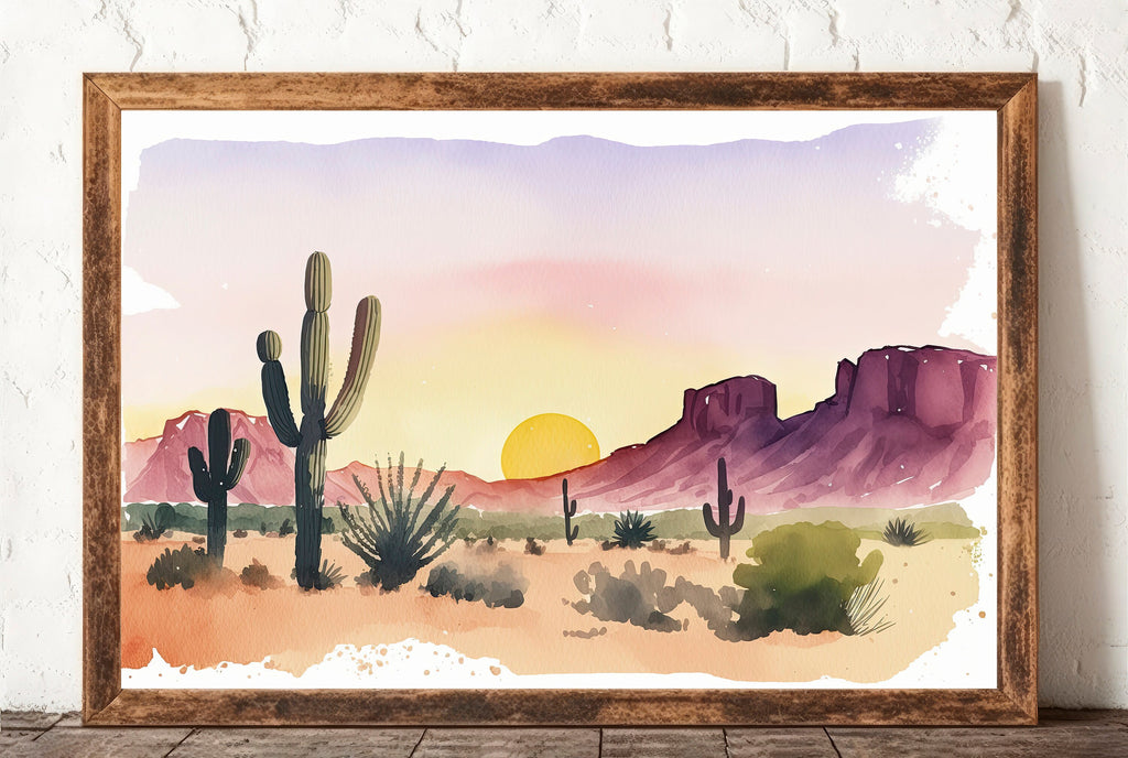 Minimalist Sonoran Desert Sunset Cactus Wall Art Southwest Nature Inspired Watercolor Print Western Decor Southwestern Landscape Painting