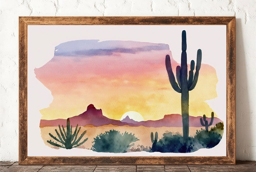 Minimalist Sonoran Desert Sunset Cactus Wall Art Southwest Nature Inspired Watercolor Print Western Decor Southwestern Landscape Painting