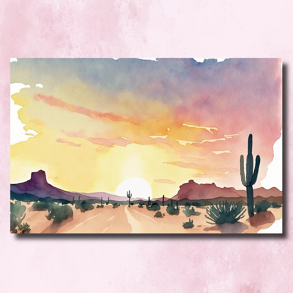 Minimalist Sonoran Desert Sunset Cactus Wall Art Southwest Nature Inspired Watercolor Print Western Decor Southwestern Landscape Painting