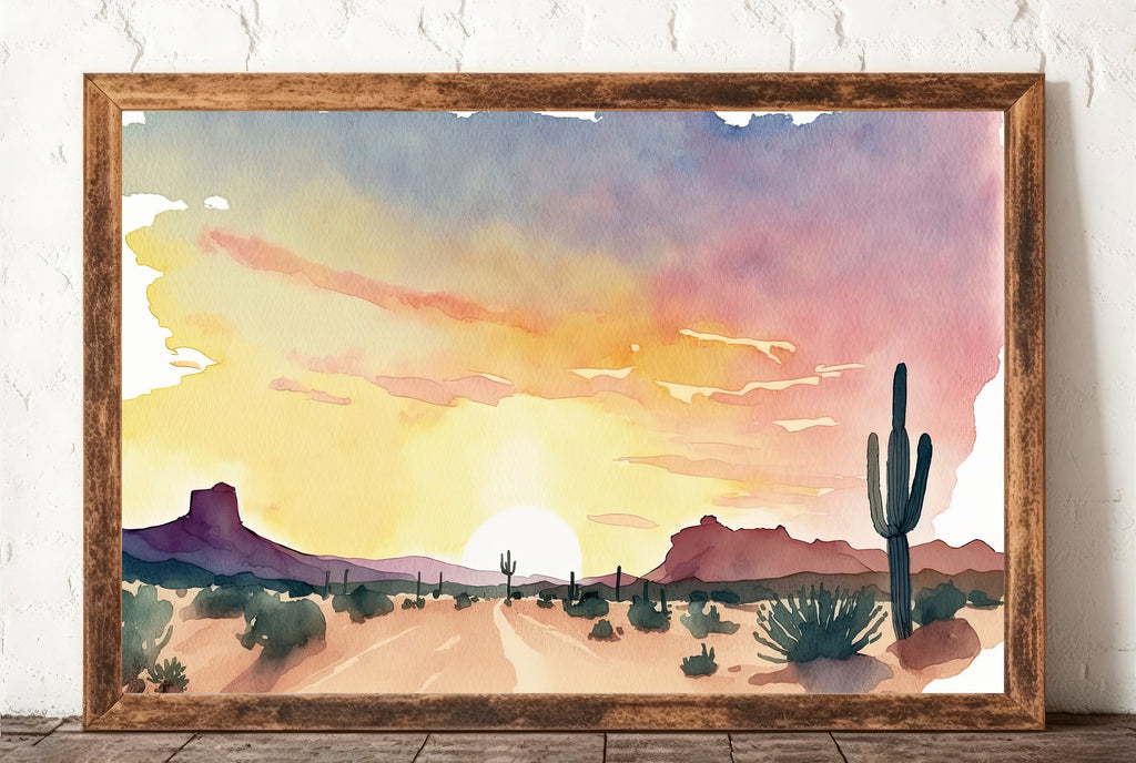 Minimalist Sonoran Desert Sunset Cactus Wall Art Southwest Nature Inspired Watercolor Print Western Decor Southwestern Landscape Painting