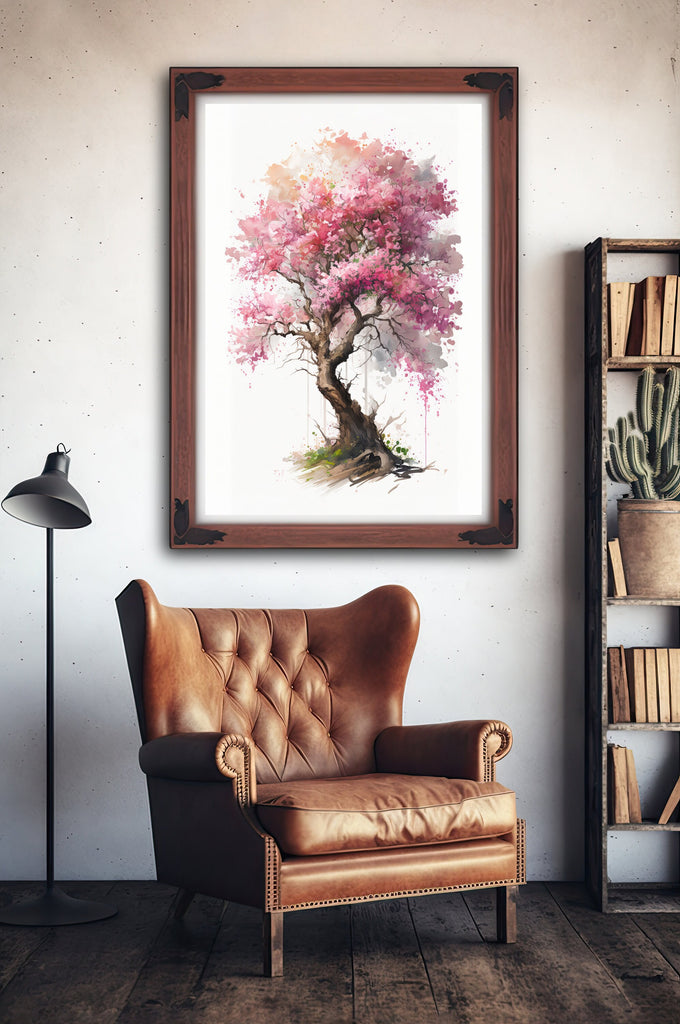 Japanese Pink Sakura Cherry Blossom Bonsai Tree Wall Art Asian Print Nature Inspired Zen Botanical Watercolor Painting Gift Floral Decor