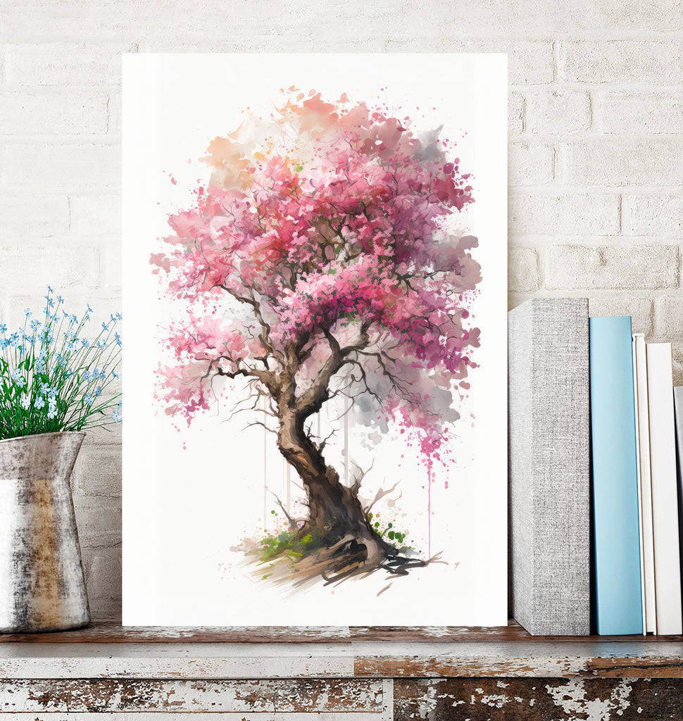 Japanese Pink Sakura Cherry Blossom Bonsai Tree Wall Art Asian Print Nature Inspired Zen Botanical Watercolor Painting Gift Floral Decor