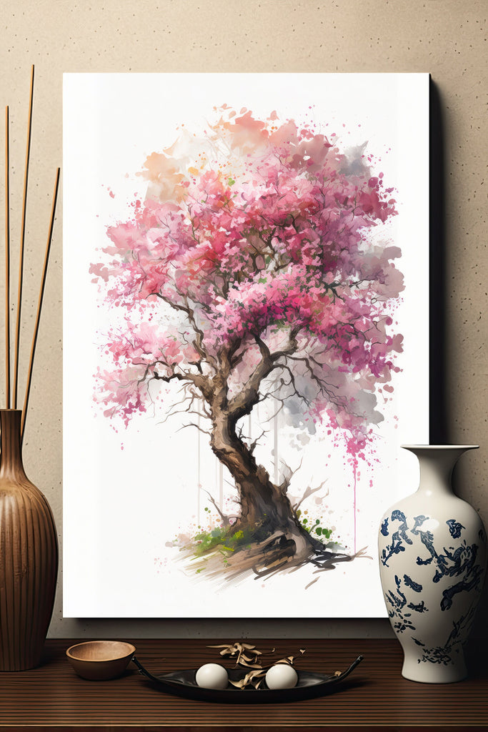 Japanese Pink Sakura Cherry Blossom Bonsai Tree Wall Art Asian Print Nature Inspired Zen Botanical Watercolor Painting Gift Floral Decor