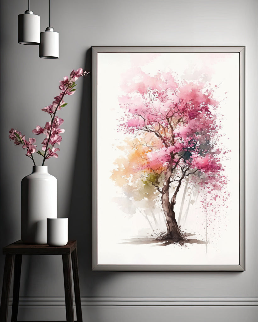 Japanese Pink Sakura Cherry Blossom Bonsai Tree Wall Art Asian Print Nature Inspired Zen Botanical Watercolor Painting Gift Floral Decor