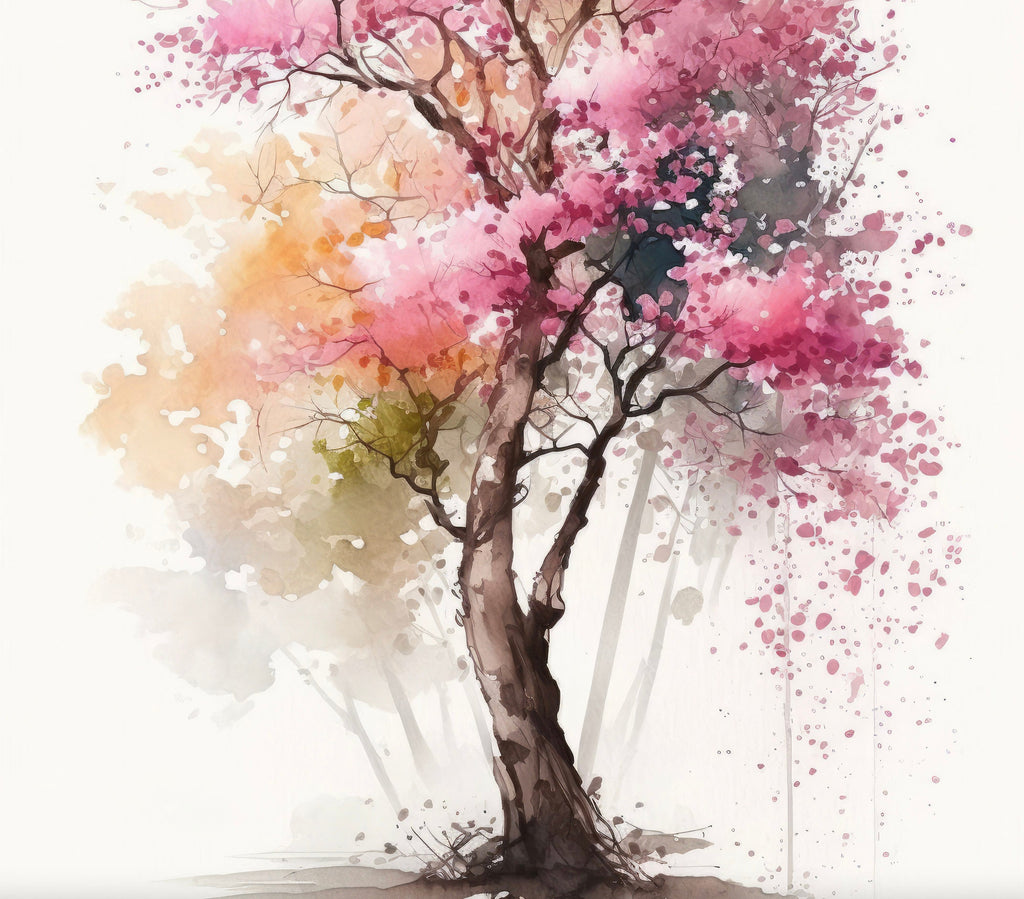 Japanese Pink Sakura Cherry Blossom Bonsai Tree Wall Art Asian Print Nature Inspired Zen Botanical Watercolor Painting Gift Floral Decor