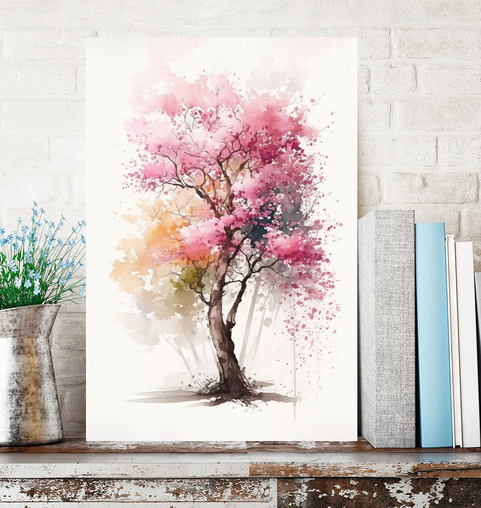 Japanese Pink Sakura Cherry Blossom Bonsai Tree Wall Art Asian Print Nature Inspired Zen Botanical Watercolor Painting Gift Floral Decor