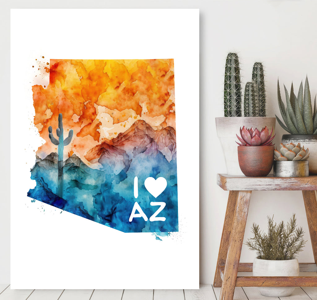 Arizona State Map Wall Art AZ Sonoran Desert Print Southwest Watercolor Painting Gift Southwestern Home Decor