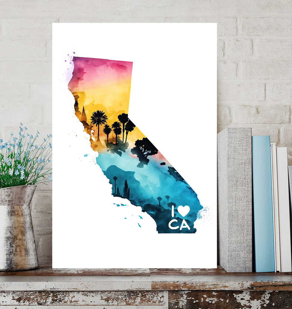 California State Map Wall Art CA Print Watercolor Painting Housewarming Gift Cali Home Decor